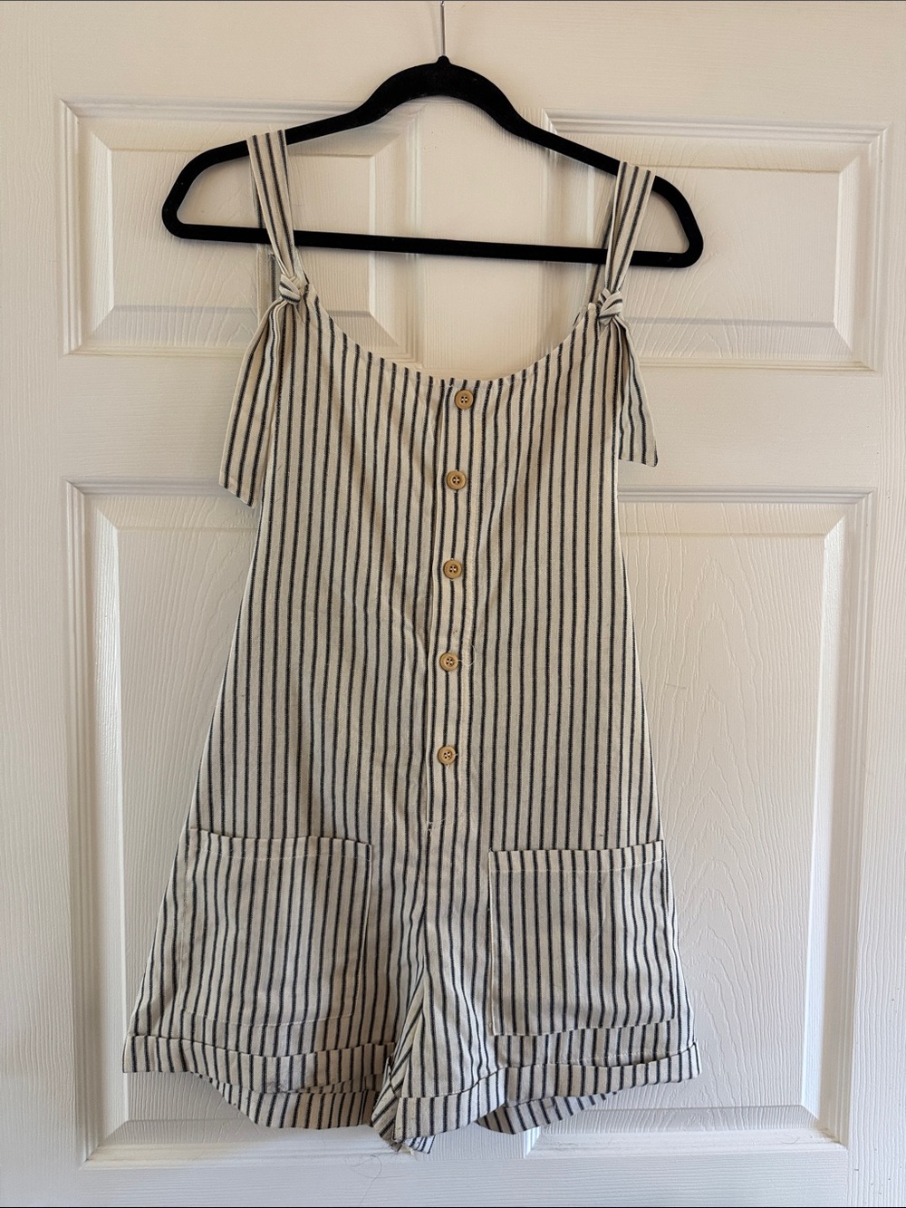 Ellison Cream and Black Striped One-Piece Romper with Buttons and Pockets